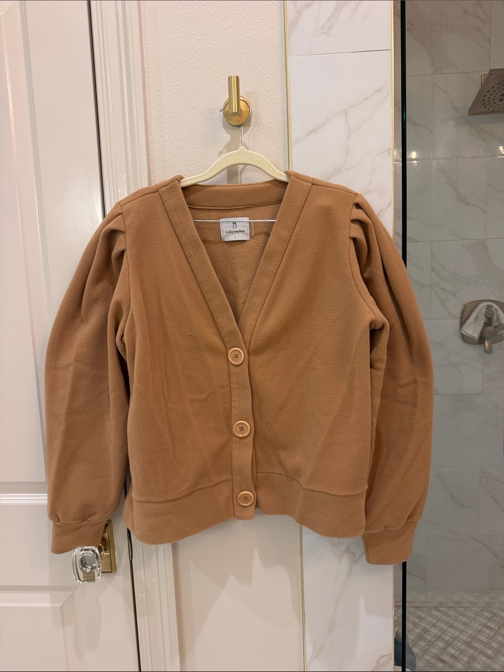 Dudley Stephens Puff-Sleeve V-Neck Button Cardigan - Camel